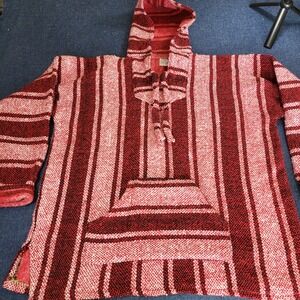 Art-Maz Red Striped Insulated Baja Hoodie Poncho Pullover Sz L Made in Mexico